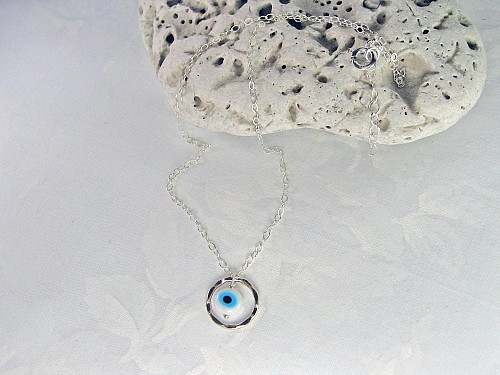 Eternity Choker Sterling Silver with Evil Eye, Short Necklace, Hammered Circle Choker Necklace