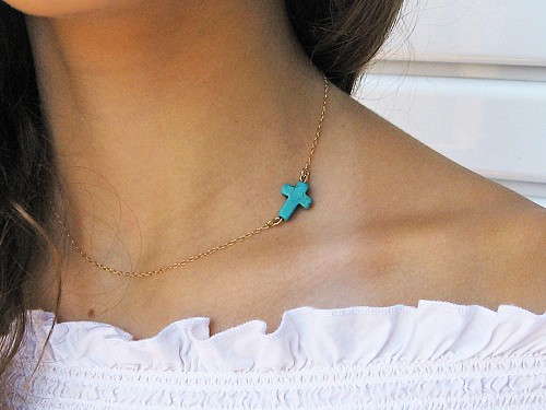 Turquoise Cross Necklace Sterling Silver or 14k Gold Fill, Christian Protection Necklace, Sideways Cross Necklace