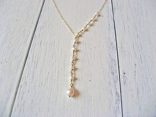 Pearl Y Necklace 14k Gold Fill or 925 Sterling Silver, White Freshwater Pearl Lariat Necklace, Bridal Necklace, June Birthstone 14k Gold Filled