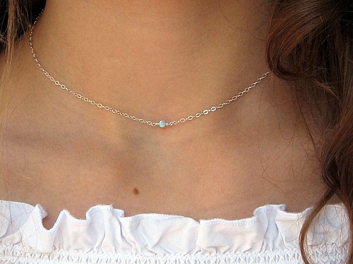 Tiny Opal Choker Necklace 14k Gold Fill or Sterling Silver, Light Blue Opal Small Necklace, October Birthstone