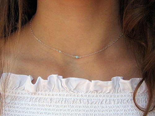 Tiny Opal Choker Necklace 14k Gold Fill or Sterling Silver, Light Blue Opal Small Necklace, October Birthstone