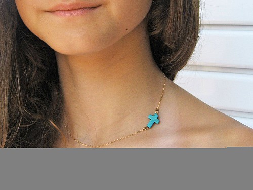 Turquoise Cross Necklace Sterling Silver or 14k Gold Fill, Christian Protection Necklace, Sideways Cross Necklace 925 Sterling Silver