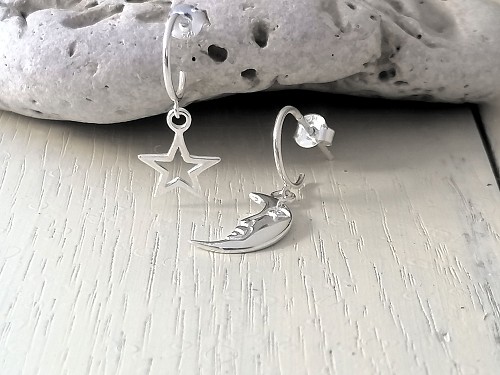 Tiny Hoops Sterling Silver, Moon Star Hoop Earrings, Girly Jewelry, Minimalist Hoops, Moon Star Hoops, Matching Earrings