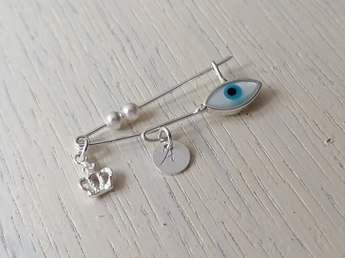 Baby Evil Eye Safety Pin Brooch 925 Sterling Silver Protection Baby Shower Gift, Baptism Gift, Birth Announcement