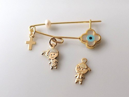 Baby Evil Eye Safety Pin Brooch Gold 925 Sterling Silver Cross Protection Girl Boy Baby Shower Gift, Baptism Gift, Birth Announcement