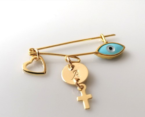 Baby Evil Eye Safety Pin Brooch Gold 925 Sterling Silver Heart Initial Protection Baby Shower Gift, Baptism Gift, Birth Announcement