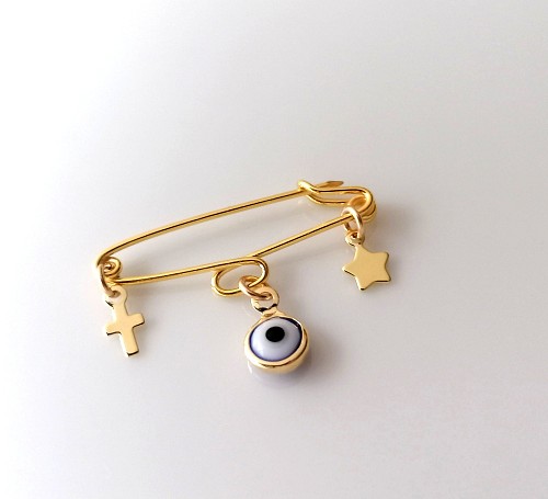 Baby Evil Eye Safety Pin Brooch Gold 925 Sterling Silver Cross Star Protection Baby Shower Gift, Baptism Gift, Birth Announcement
