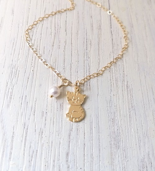 Tiny Cat Necklace Gold Fill with Swarovski White Pearl, Teen Girl Gifts, Pet Love Gift, Cat Lover Gift Jewelry