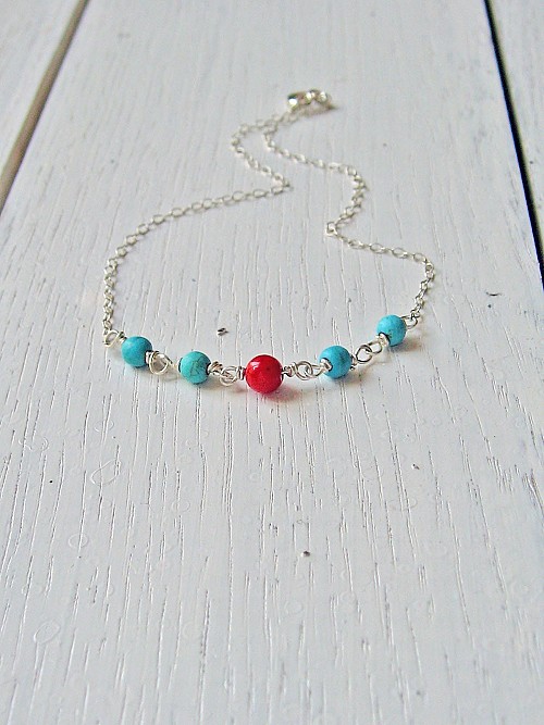 Turquoise Anklet 14k Gold Fill or 925 Sterling Silver, Red Coral Ankle Bracelet, Beach Anklets For Women