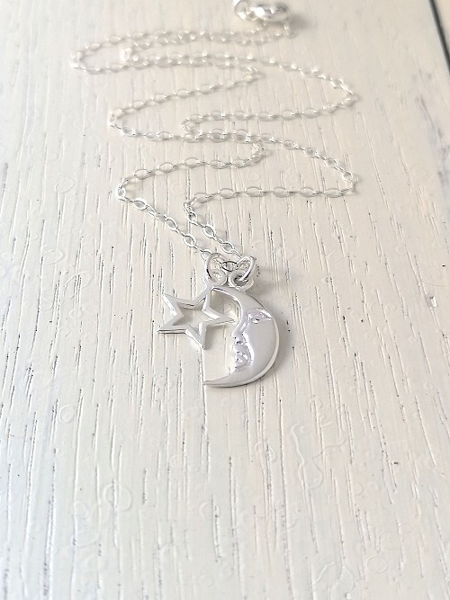 Moon and Star Necklace Sterling Silver, Crescent Moon Star Necklace, Baby Infant Girl Necklace , Flower Girl Gift, Baby Girl Jewelry