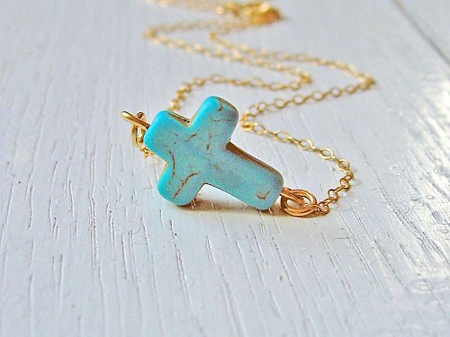 Turquoise Cross Necklace Sterling Silver or 14k Gold Fill, Christian Protection Necklace, Sideways Cross Necklace