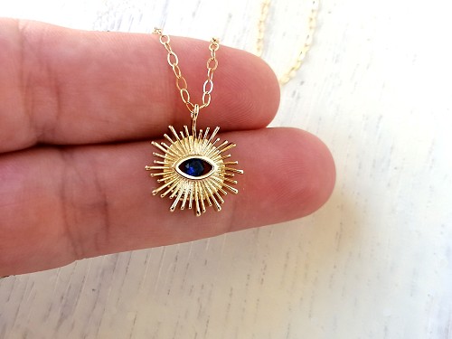Evil Eye Necklace 14k Gold Fill, Sun Necklace, Protection Necklace, Sunburst Necklace