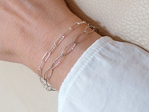 Double Chain Bracelet Sterling Silver for Women, Statement Silver Paperclip Link Chain Bracelet, Layered Bracelet