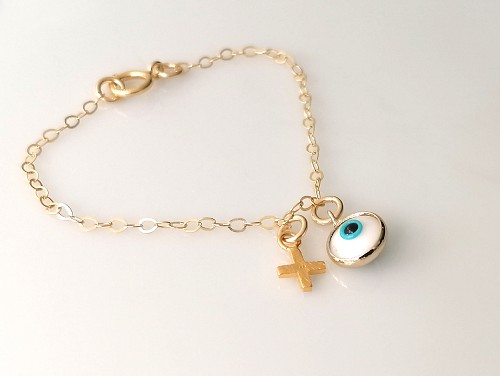Baby Evil Eye Bracelet Gold Fill with Cross, Baby Infant Girl Jewelry, Gift for Newborn, Baby Girl Baptism Gift