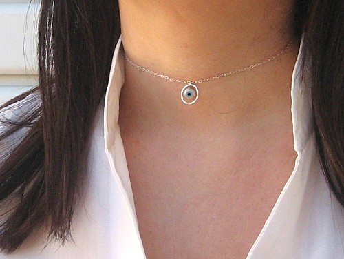 Eternity Choker Sterling Silver with Evil Eye, Short Necklace, Hammered Circle Choker Necklace