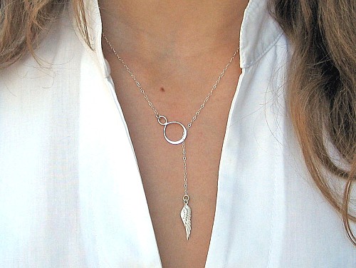 Infinity Angel Wing Necklace 14k Gold Fill or Sterling Silver, Lariat Y Necklace, Delicate Jewelry