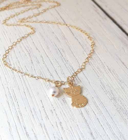 Tiny Cat Necklace Gold Fill with Swarovski White Pearl, Teen Girl Gifts, Pet Love Gift, Cat Lover Gift Jewelry