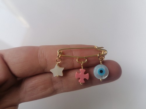 Baby Evil Eye Safety Pin Brooch Gold 925 Sterling Silver Cross Star Protection Baby Shower Gift, Baptism Gift, Birth Announcement COPY