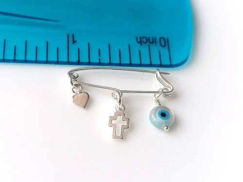 925 Sterling Silver Baby Safety Pin Brooch 1", Cross Evil Eye Protection Baby Shower Gift, Baptism Gift, Birth Announcement