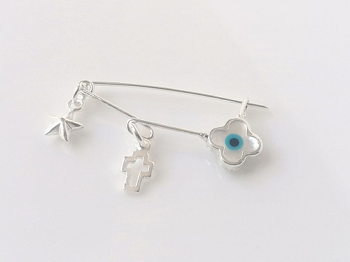 Baby Evil Eye Safety Pin Brooch 925 Sterling Silver Cross Protection Baby Shower Gift, Baptism Gift, Birth Announcement