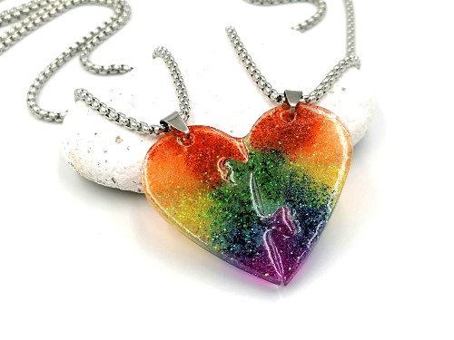 Rainbow LGBT Pride Broken Heart Necklace for Couple, LGBTQ Gay Lesbian Bisexual Queer Trans Pride Glitter Necklace, LGBTQ+ Jewelry Gift