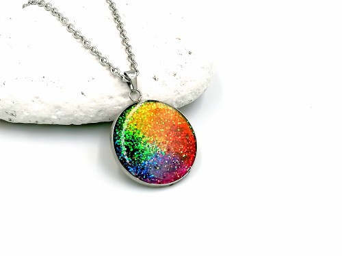 Rainbow LGBT Pride Flag Disc Necklace, LGBTQ Gay Lesbian Bisexual Queer Trans Pride Glitter Necklace, LGBTQ+ Jewelry Gift